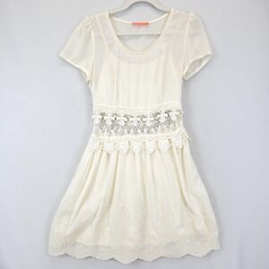 Lulumari Dress Womens M Ivory Lace Sheer Short Sleeve Fit Flare Lined Boho Fairy